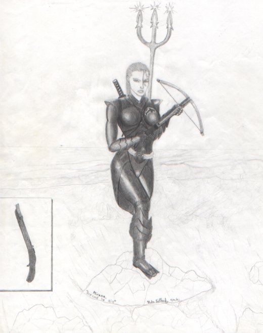 Mirana McCloud, an amphibious elf equally at home above and below the water. She's wearing orca-hide armor and sporting a nasty crossbow and magical trident. In my undergrad days, Mirana was one of my first D&D characters for a campaign ran by James Jacobs (yes, the Editor-in-chief of Pathfinder).
